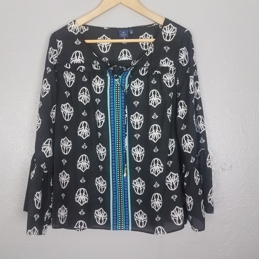 Kaari Blue Black Floral Bell Sleeve  Blouse Size‎ S